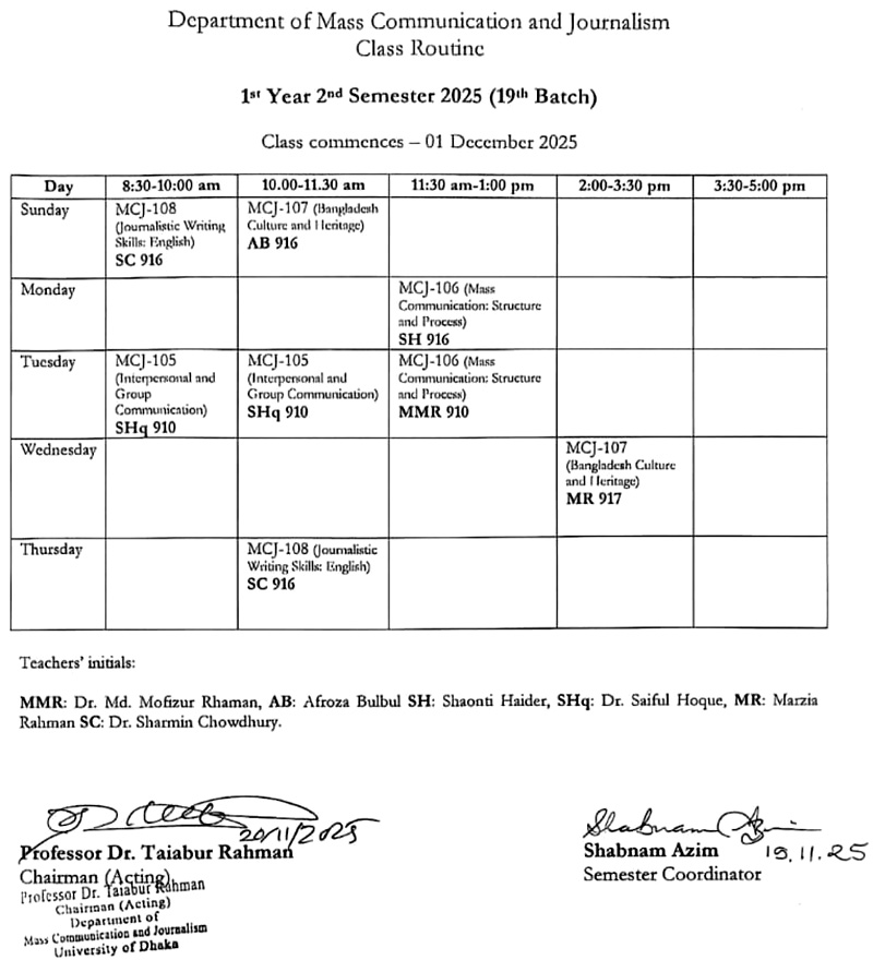 MCJ 19th Batch 1st Year 2nd Semester Class Routine